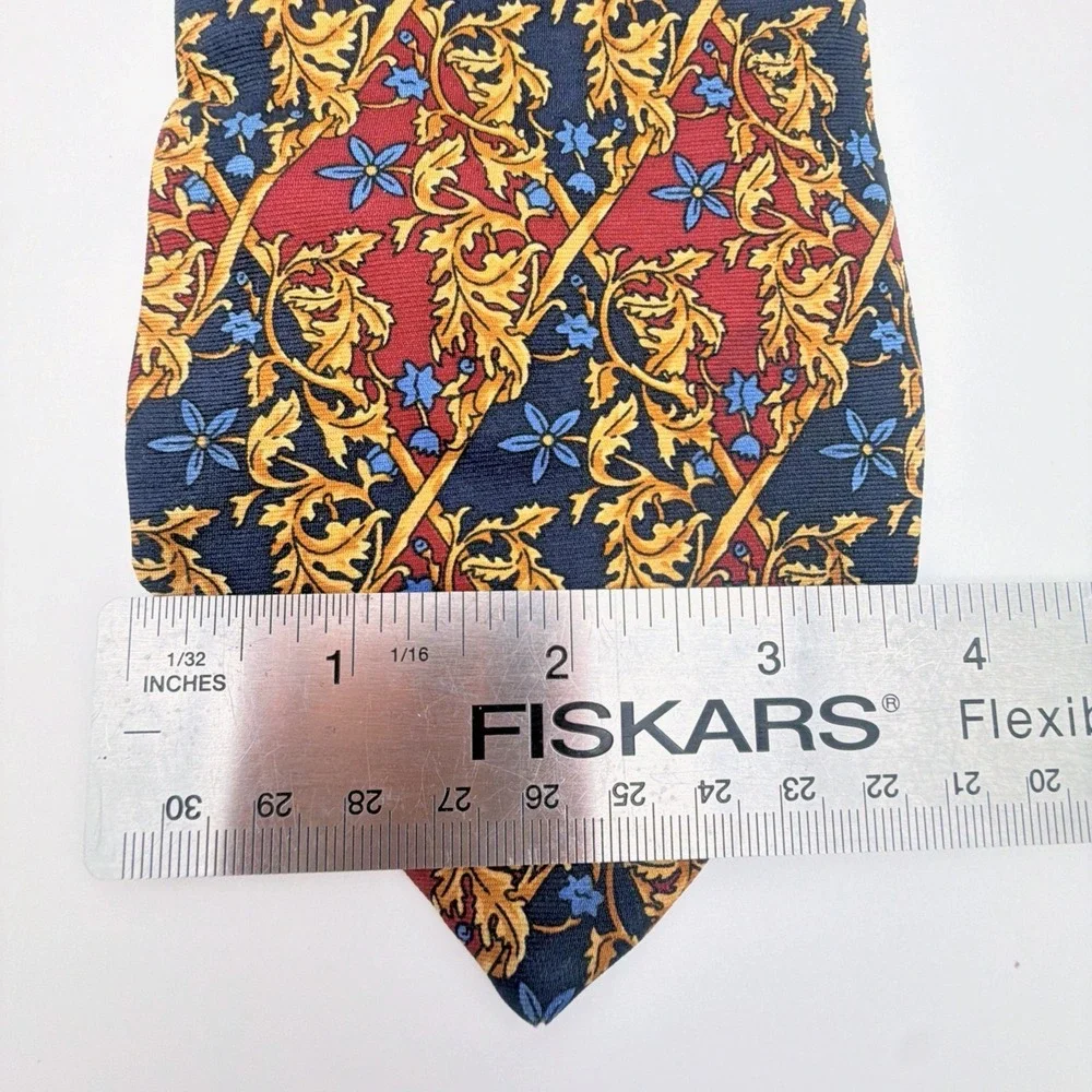 Pierre Balmain Paris Silk Tie Ornate Floral Pattern Gold Navy Burgundy